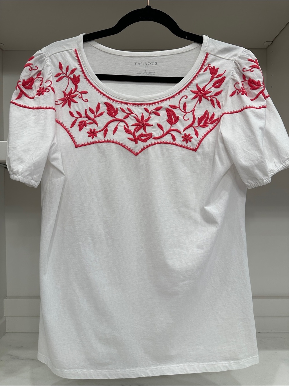 Talbots size small White Tee with Red Floral Embroidery.  Like new
